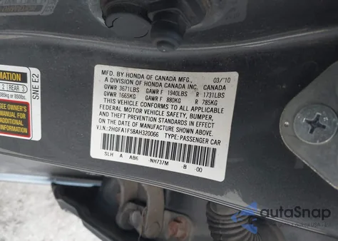 2010 Honda Civic Lx z USA, uszkodzony, nr VIN 2HGFA1F58AH320066